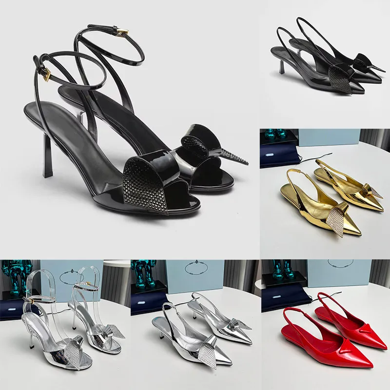 Luxe Cristal Slingback Pompes Nouveau 2024 Été Célèbre Designer Talons Hauts Sandales Femmes Plat Ballet Triangle Métal Miroir Cuir 12 Styles Bouts Pointus Chaussures Habillées