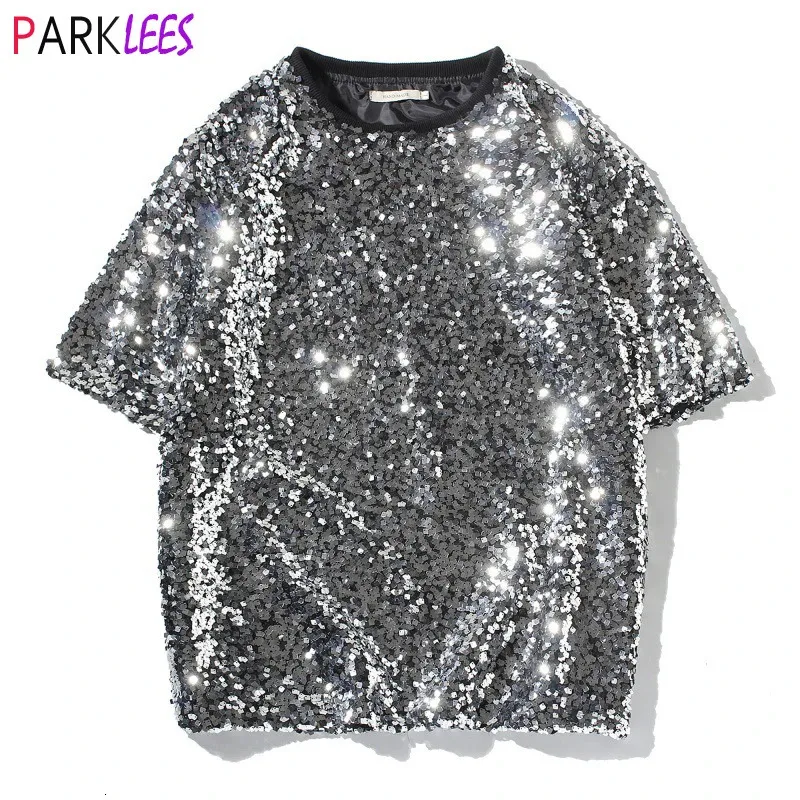 الترتر الفضي اللامع اللامع Tshirt 70s ديسكو أزياء التألق Parkle Party Shirt Sereve Men Giltter Round Reck Streetwear Camiseta 240223