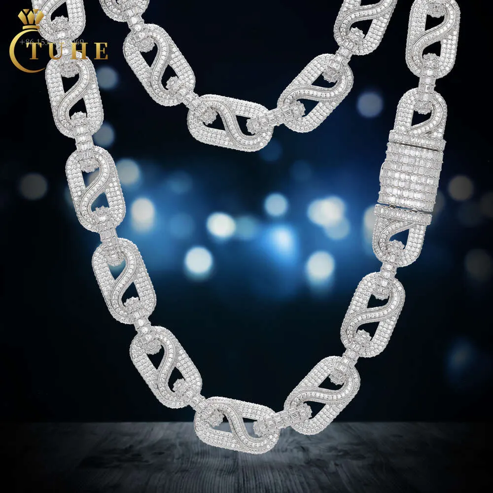 Jewelry Source Factory 14Mm Sterling Sier 6A VVS Baguette Moissanite Diamond Iced Out Bussdown Cuban Link Chain Necklace