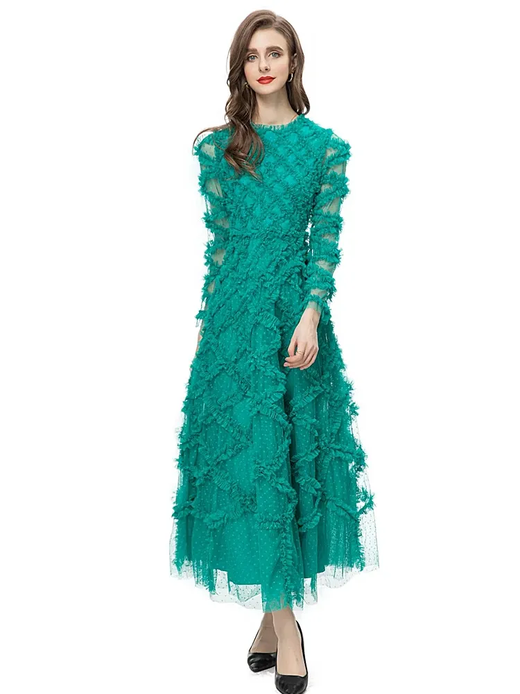 豪華な新しい女性春秋の高品質ファッションパーティーグリーンメッシュドット甘い日焼け止めシックな滑走路の女の子長袖ドレス