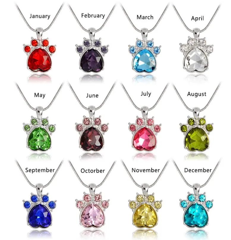 12PCSSet Paw Print Birthstone Charms Naszyjniki Mieszany kolor wisiorek Dzieci biżuterii