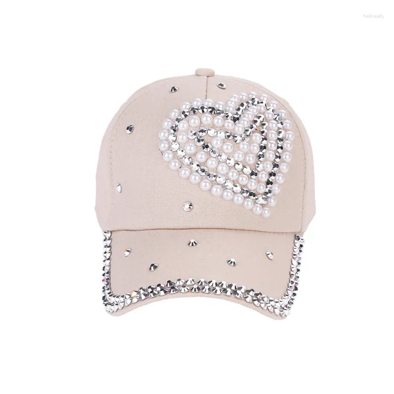 Ball Caps Fashion Adjustable Heart Shaped Rhinestones Studded Peaked Cap Hat Four Seasons Baseball Pearl Peach For Women