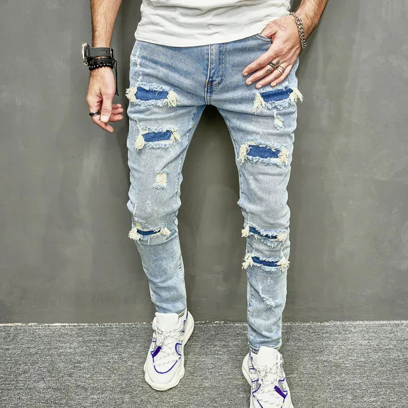 Erkekler Rahat Skinny Jeans Pantolon Sokak Giyim Erkek Şık Yırtık Katı Hip Hop İnce Denim Pantolonlar 240223