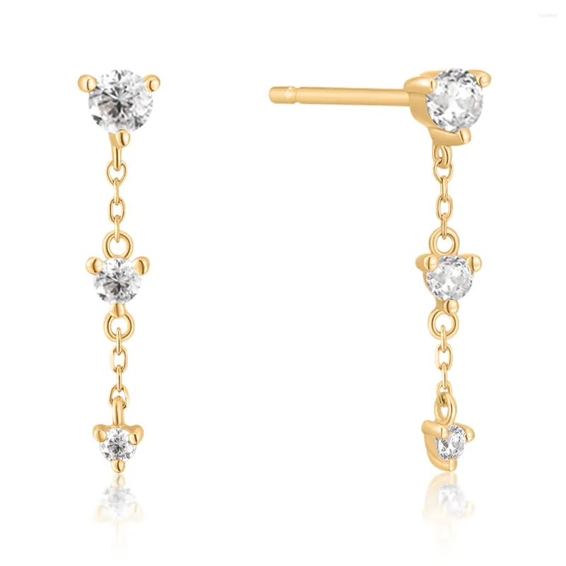 Boucles d'oreilles fines en or massif 14 carats pour femme, chaîne à maillons longs, pompon en diamant naturel, cadeau pour femme