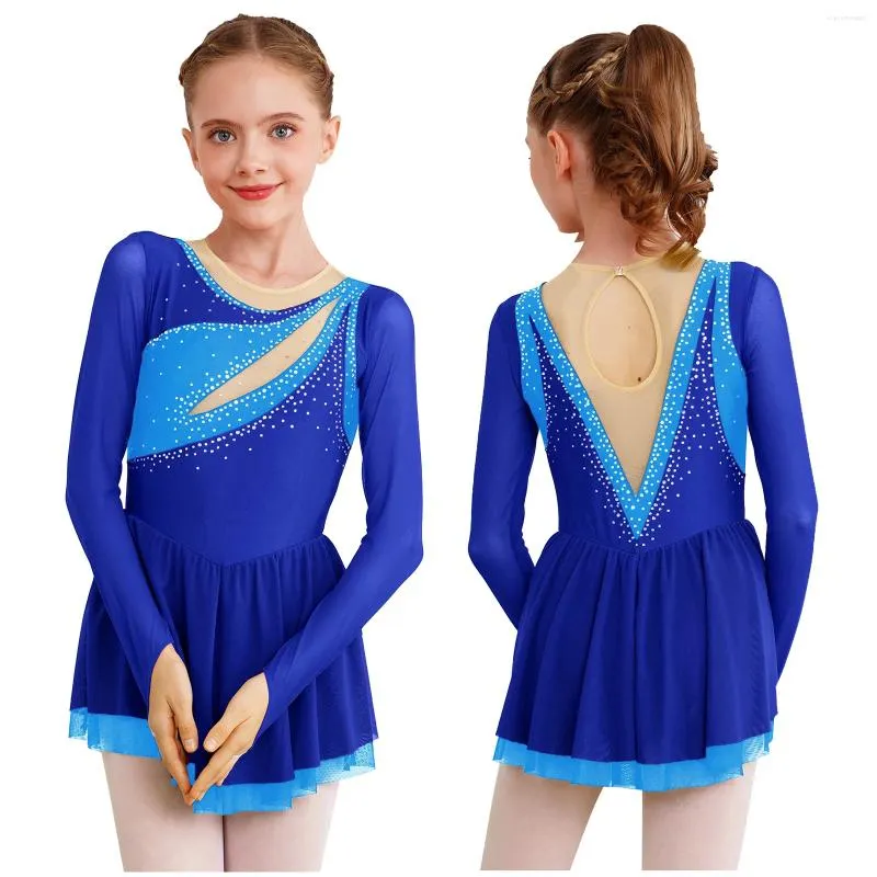 Stadiumkleding 6-16Y Meisjes Kunstschaatsen Lyrische Dans Ballet Ritmische Gymnastiek Turnpakje Jurk Lange mouw Strass Doorzichtige Mesh Danskleding