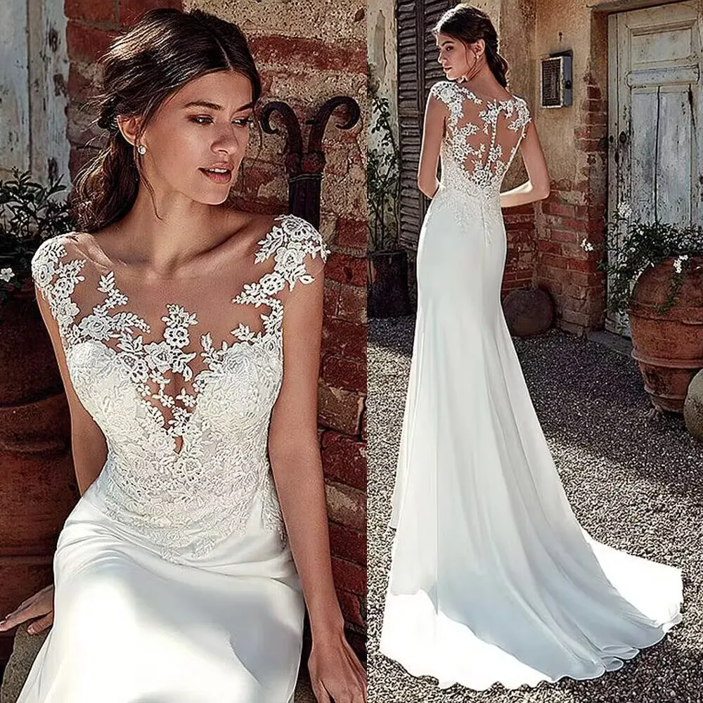 2024 Berta Neue bescheidene Langscheide Brautkleider Juwelenhals Spitzen Applikationen Slim Illusion Frühlings Sommer Brautkleider Vestidos de noiva