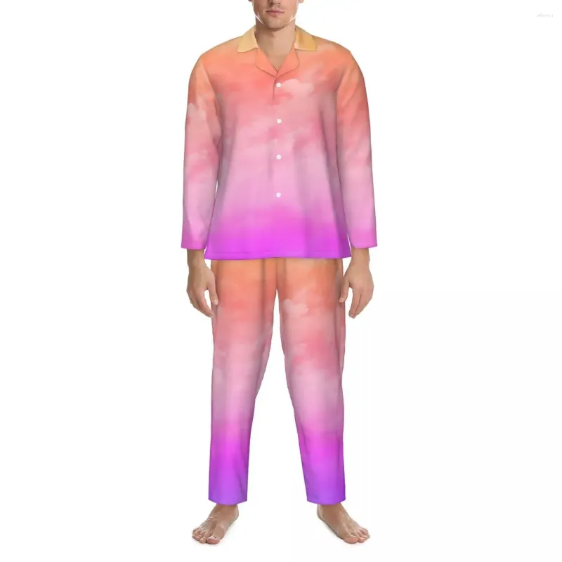 Men's Sleepwear Sunset Cloud Pajama Sets Autumn Bright Tie Dye Kawaii Home Unisex 2 Piece Vintage Oversize Design Suit Present