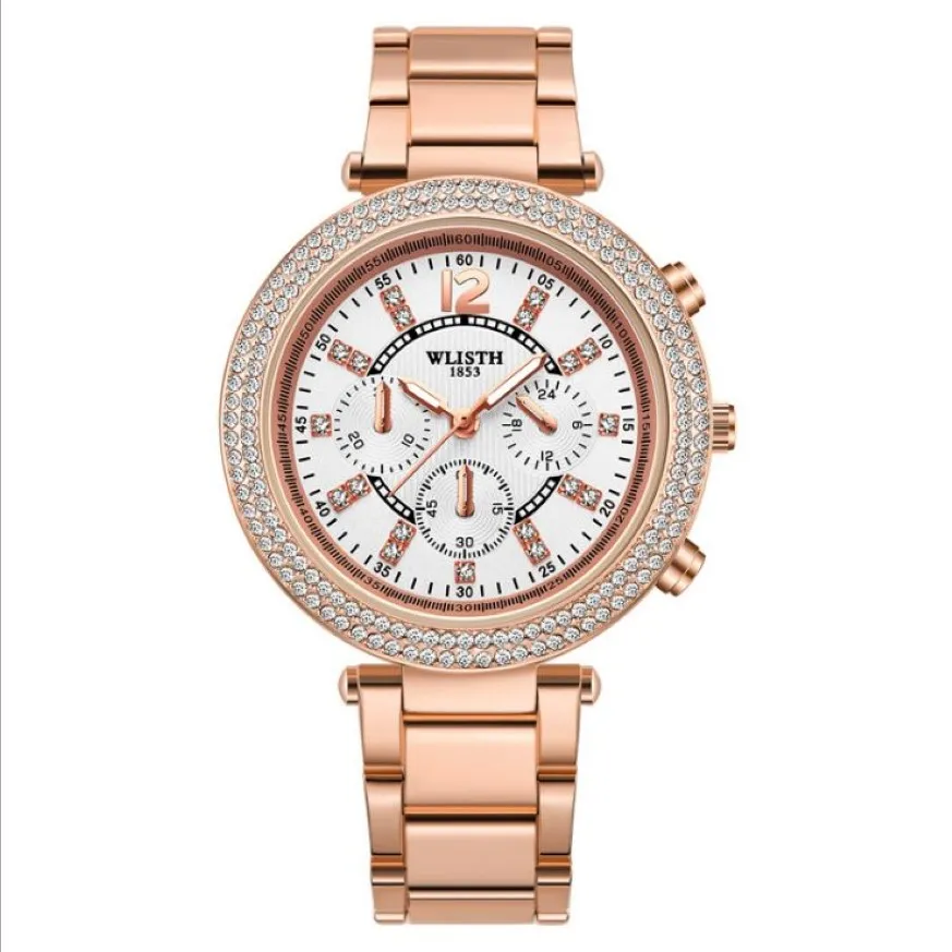 Correa de acero inoxidable Lignt Relojes elegantes de lujo para mujer Momento perfecto Reloj de pulsera de oro rosa con esfera redonda y diamantes completos WLIS317w