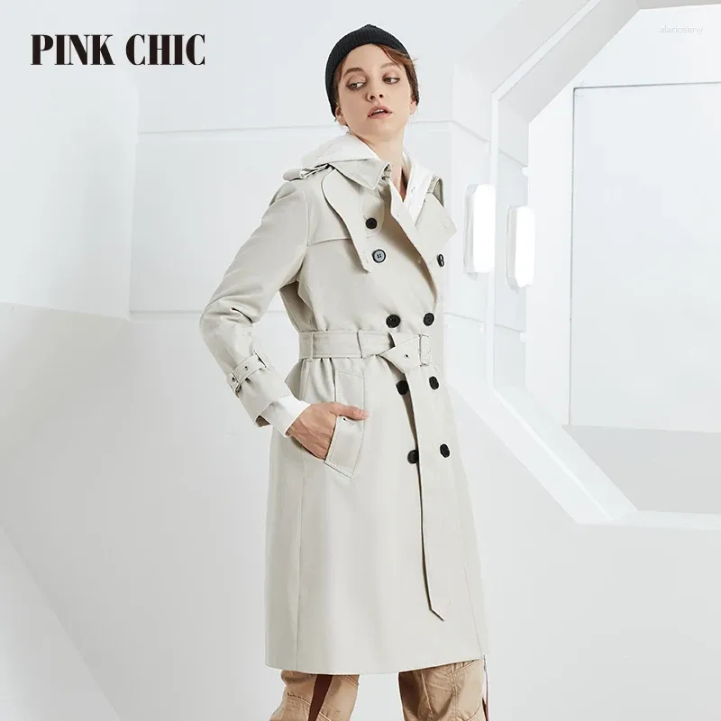 Women's Trench Coats PINK CHIC British Spring Autumn Windbreaker Mid Length Lapel Collar Women Double Breasted Waist Belt Grace Female 803