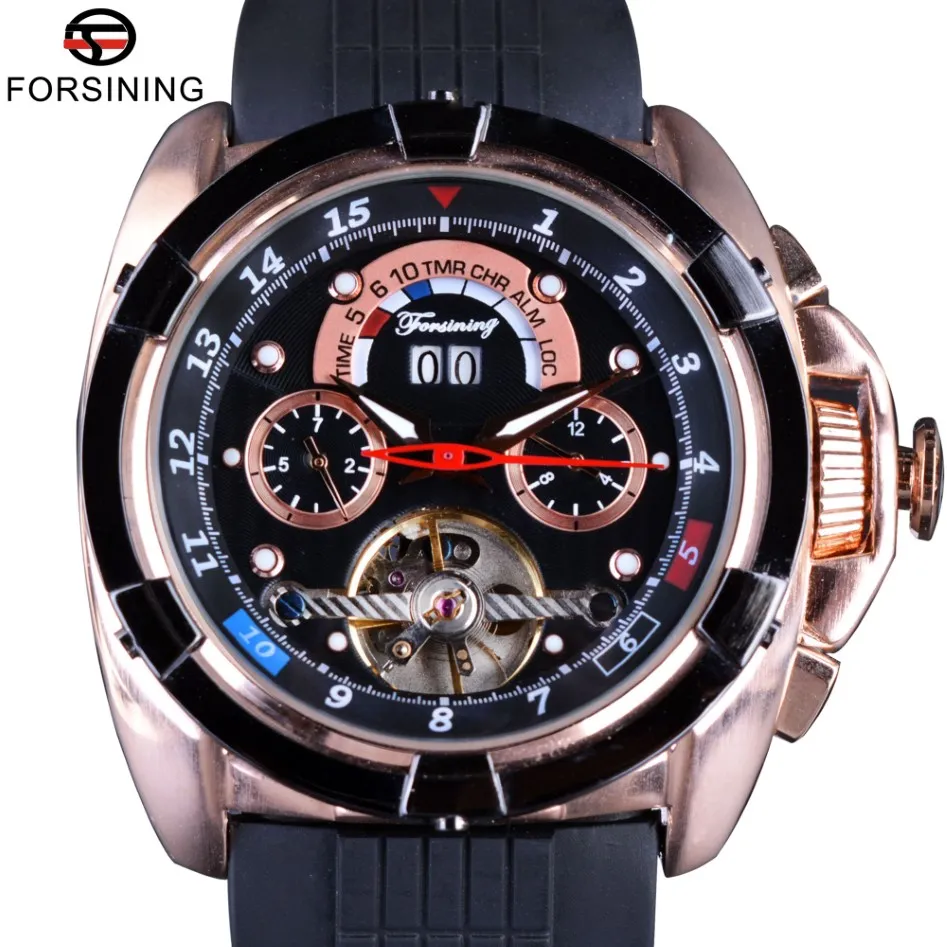 Forsining Multifunction Watches Tourbillon Calendário Display Moda Men Watches Sport Rose Golden Watch Men Luxury Brand Automatic176N