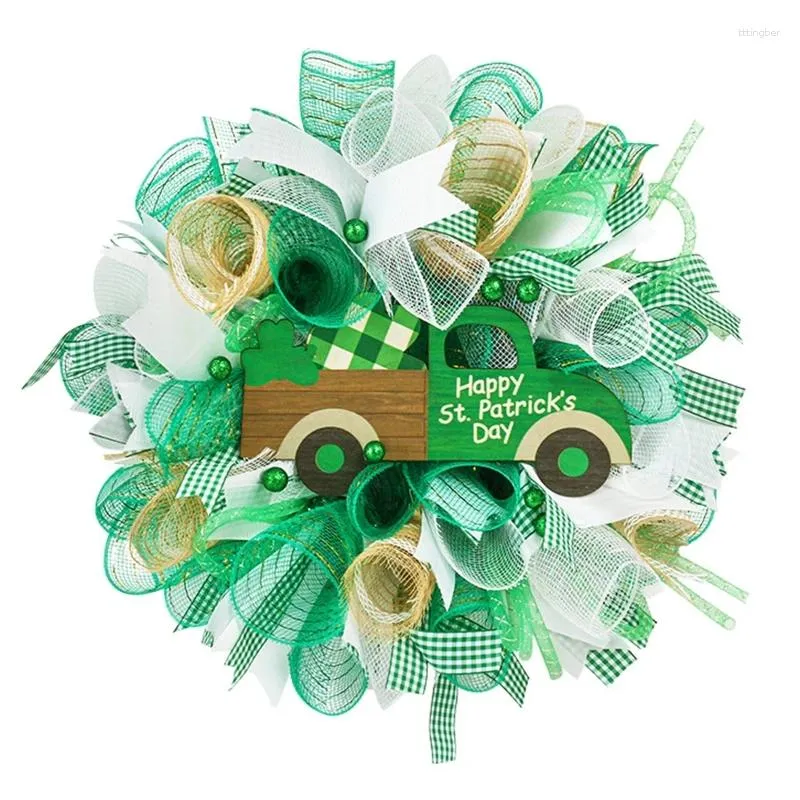 Decorative Flowers Patrick's Day Silk Ribbon Irish Leprechaun Wreath Clover With Wooden Car Sign Holiday Door Hangings