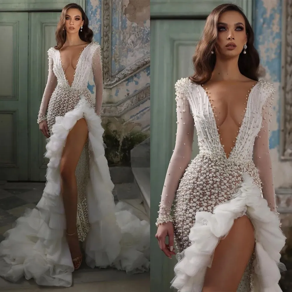 TOUNNINGBRIDE 2024 Luxury Pearls Mermaid Wedding Dresses Full Beading Sheer V Neck Long Sleeve Brud Dress with Tiered kjolar Brudklänningar