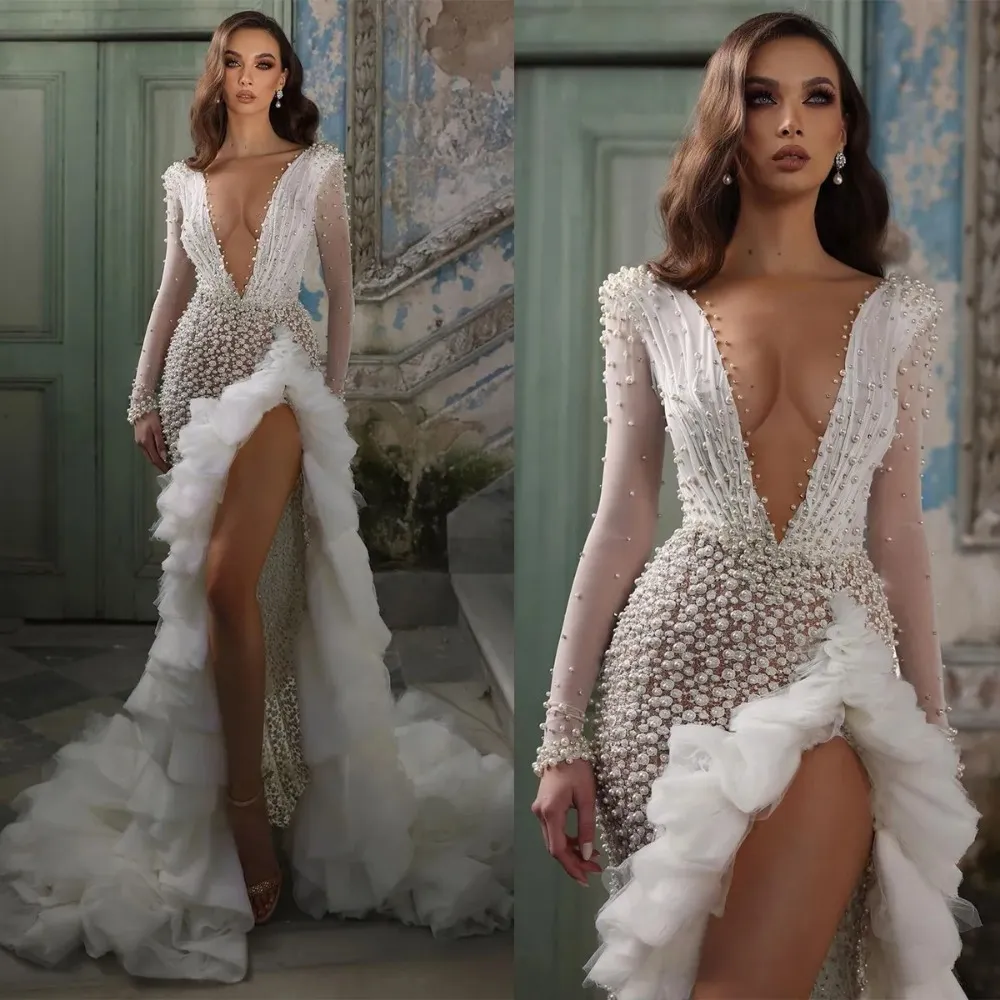 Stunningbride 2024 Perlas de lujo Sirena Vestidos de novia Rebordear completo Cuello en V Vestido de novia de manga larga con faldas con gradas Vestidos de novia