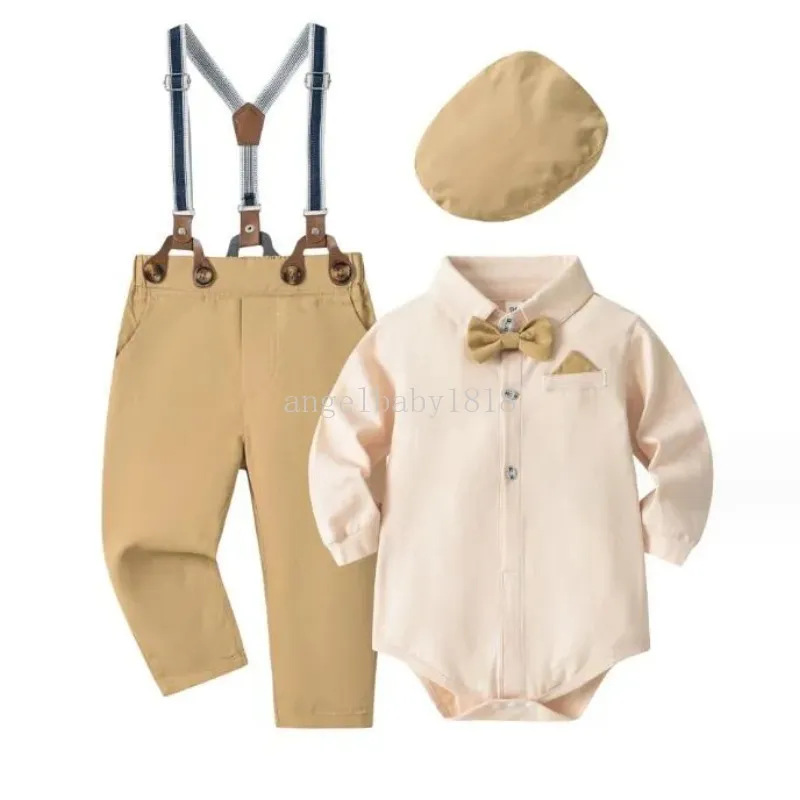 Per neonati maschi Set di abbigliamento Abiti da bambino in stile gentiluomo Tute da neonato + pantaloni + cappelli + papillon + cinturini 3-24 mesi