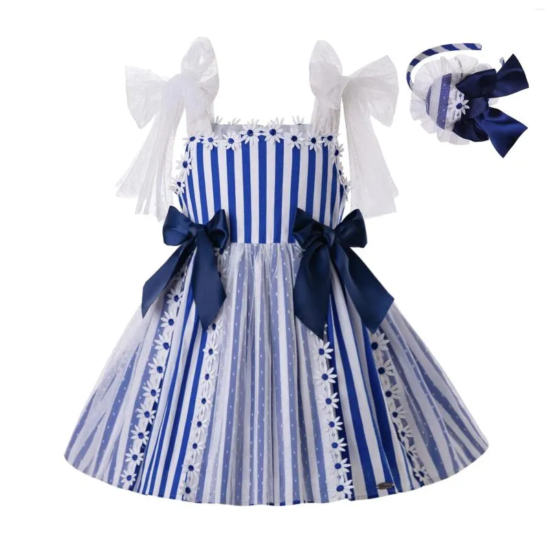 Girl Dresses Pettgirl 2024 Boutique Spring Summer Children Girls Blue Striped Bows Kids Spainsh Clothing Age2-12Y