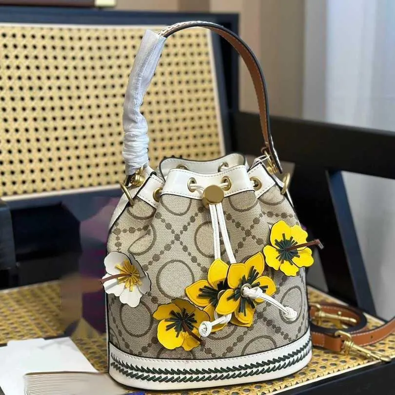 Diseñador de flores cordón mujeres bordado cubo lujos bolso bolso de hombro lienzo cubo bolsas crossbody monederos bolsos 230224