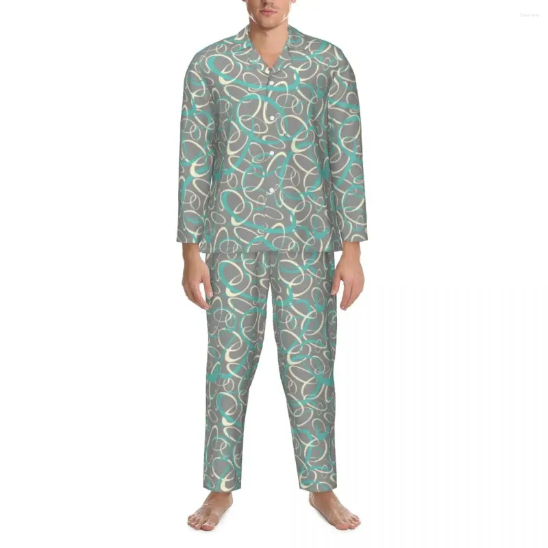 Vêtements de nuit pour hommes gris rétro mod pyjama ensemble boucles géométriques mignon mâle manches longues décontracté lâche nuit 2 pièces costume à la maison grande taille 2XL