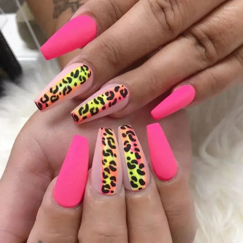 False Nails 24Pcs Long Coffin Pink Leopard Print Nail Patch Hexagram Fake Wearable French Ballerina Full Cover Press On