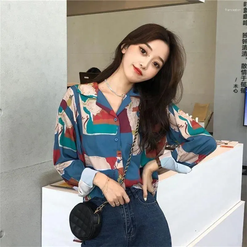 Women's Blouses Women Loose Oil Painting Printed 2024 Shirt Retro Korean Style Long Sleeve Harajuku Blouse Female Top Tunics