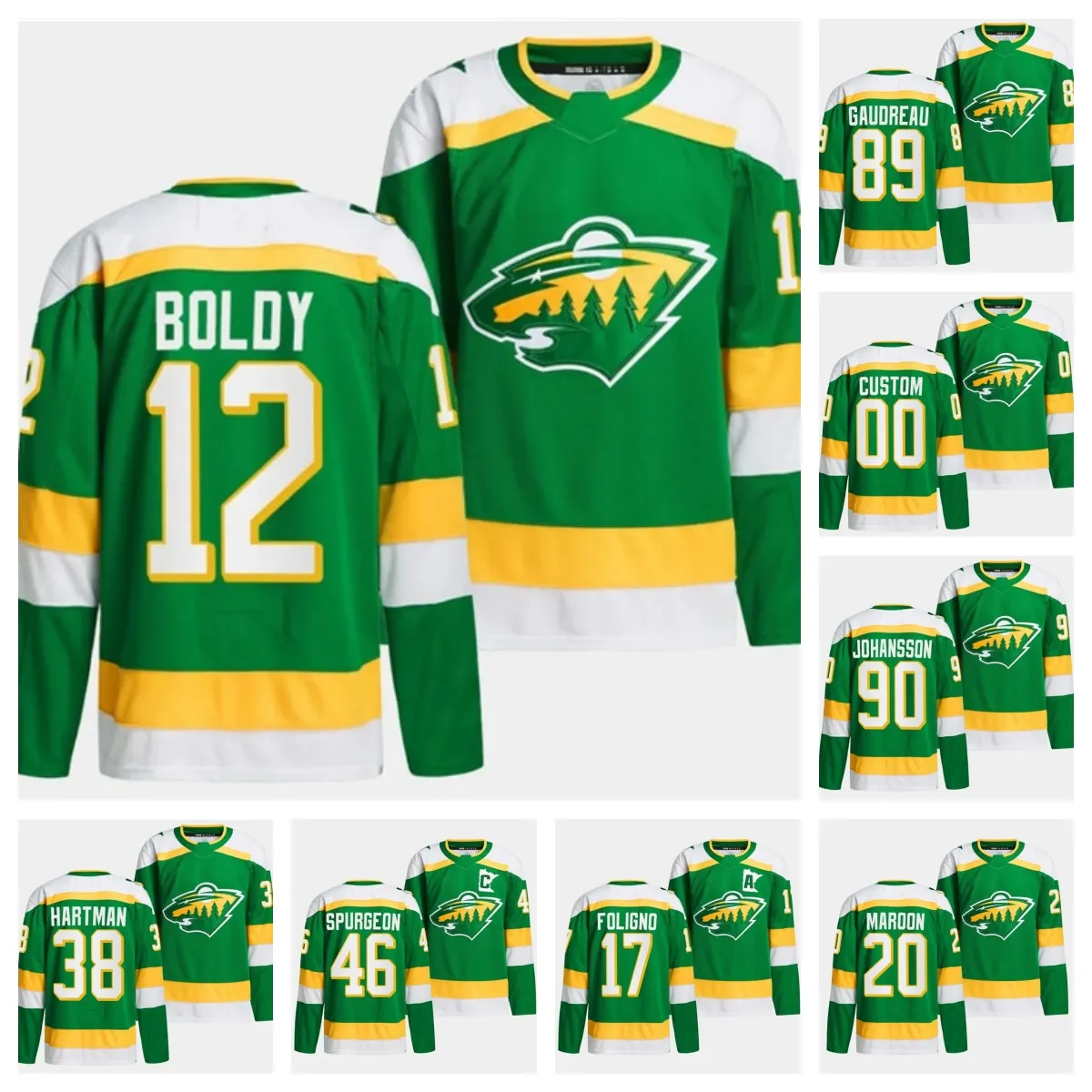 Vahşi Erkek Genç Kadınlar 12 Matthew Boldy 46 Jared Spurgeon 20 Patrick Maroon 17 Marcus Foligno Green 2023-24 Ed Jersey