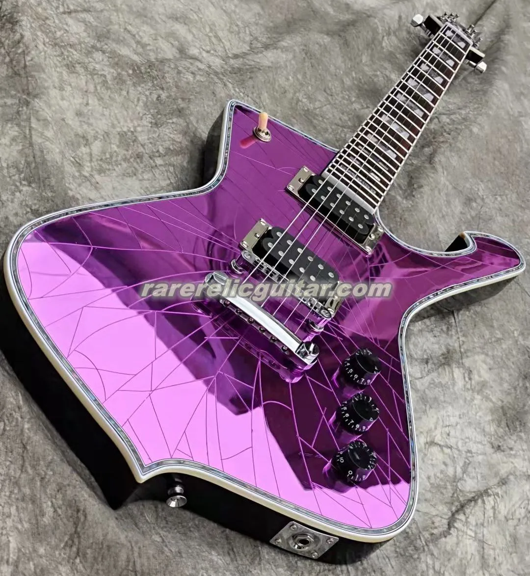 W Stock Iceman Stanley Crack Mirror Purple Electric Guitar Abalone Body Binding Abalone Pearl Block InLay Chrome Sprzęt