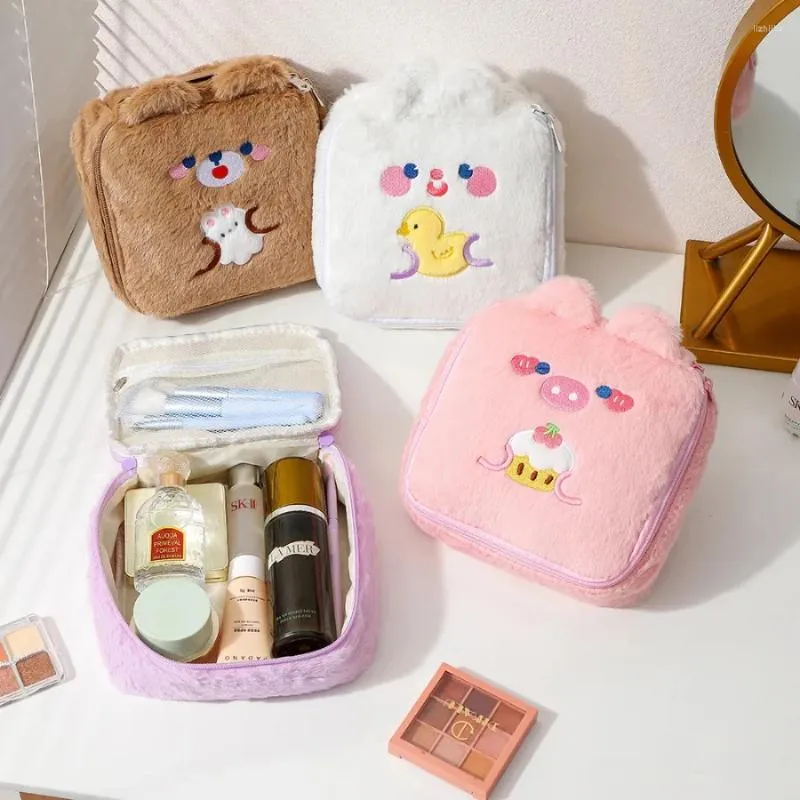 Storage Bags Cartoon Plush Square Makeup Bag For Girls Large Capacity Portable Cosmetic Ear Wash Pencil Case Winter