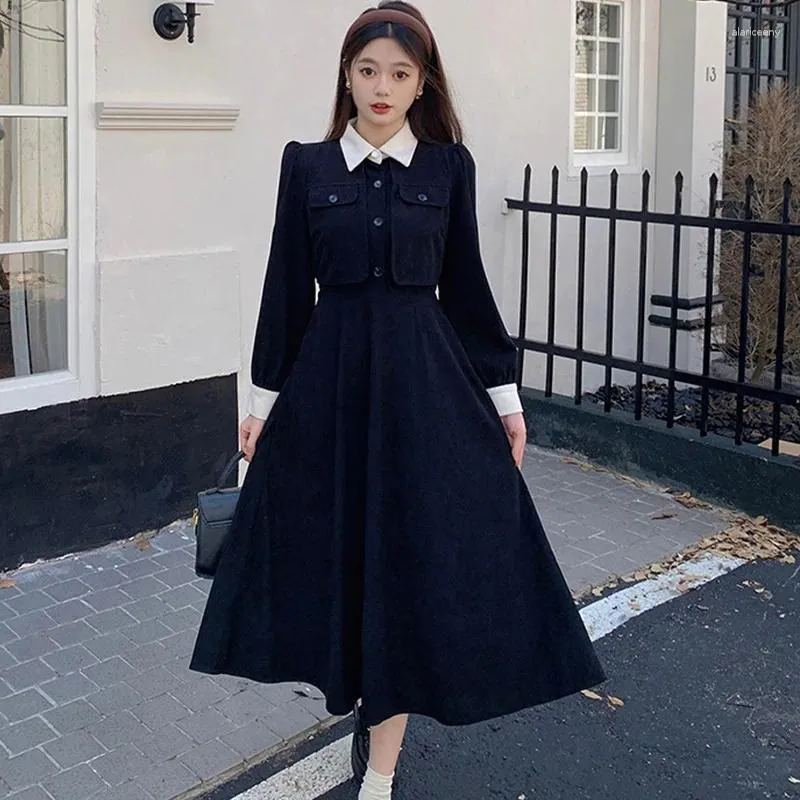 Casual Dresses Korean Fake Two Pieces Thicken Slim Ladies Black Autumn Long Sleeve Corduroy Maxi Dress Women Vestidos de Mujer