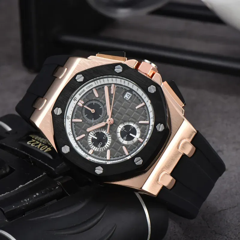 Multifunktionslistklockor för män AP Watches All Dial Work Date Quartz Watch High Quality Top Designer Luxury Brand Clock Mens Fashion Rubber Watch Band APS 002
