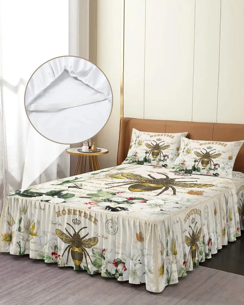 Bed Skirt Bee Azalea Retro Flower Vintage Letters Elastic Fitted