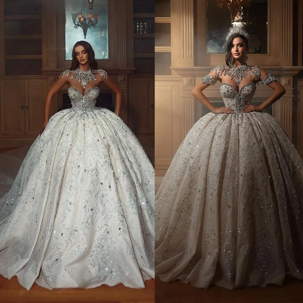 Superbe robe de mariée en cristal exquise, robe de bal sur mesure, luxe, perles, paillettes, dentelle, robes de mariée d'église, 2024