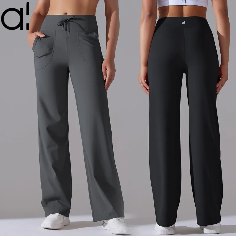 AL Yoga Pants Scholar Pantalon de survêtement à jambe droite pour femme qui évacue la transpiration, ample, jambe large, pantalon de sport sur toute la longueur, streetwear décontracté, jogging de ville avec poches à cordon de serrage