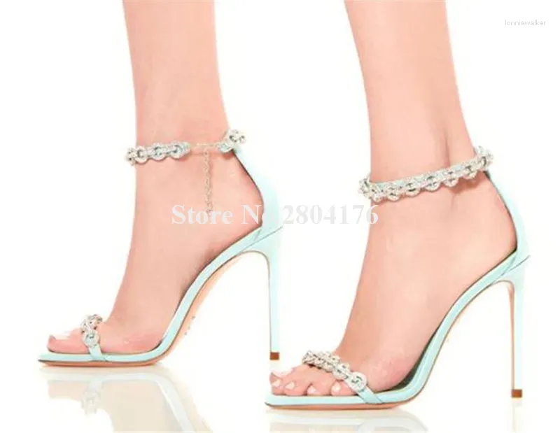 Sandálias de prata correntes mulheres elegantes strass tiras stiletto salto sapatos de casamento tornozelo cristais borlas saltos