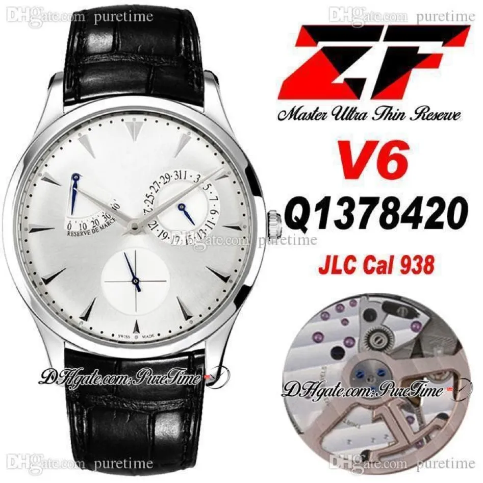 ZF V6 Master Ultra Dunne Reserve de Marche SA938 Automatische heren Watch Q1378420 38 mm Power Reserve Steel Case White Dial Black Leath238s