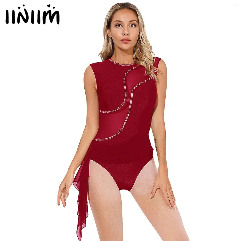 Stage Wear Donna Balletto Lyrical Dancewear Ginnastica Acrobatica Body Costume Lucido Strass Sheer Pattinaggio di Figura Tuta