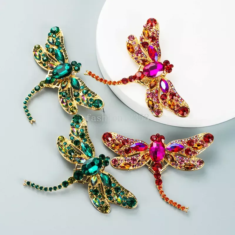 Luxury Dragonfly Studs Earrings Women Personalized Exaggerated Insect Metal Crystal Rhinestone Animal Design Stud Earring Gifts Fashion Jewelry Accessories