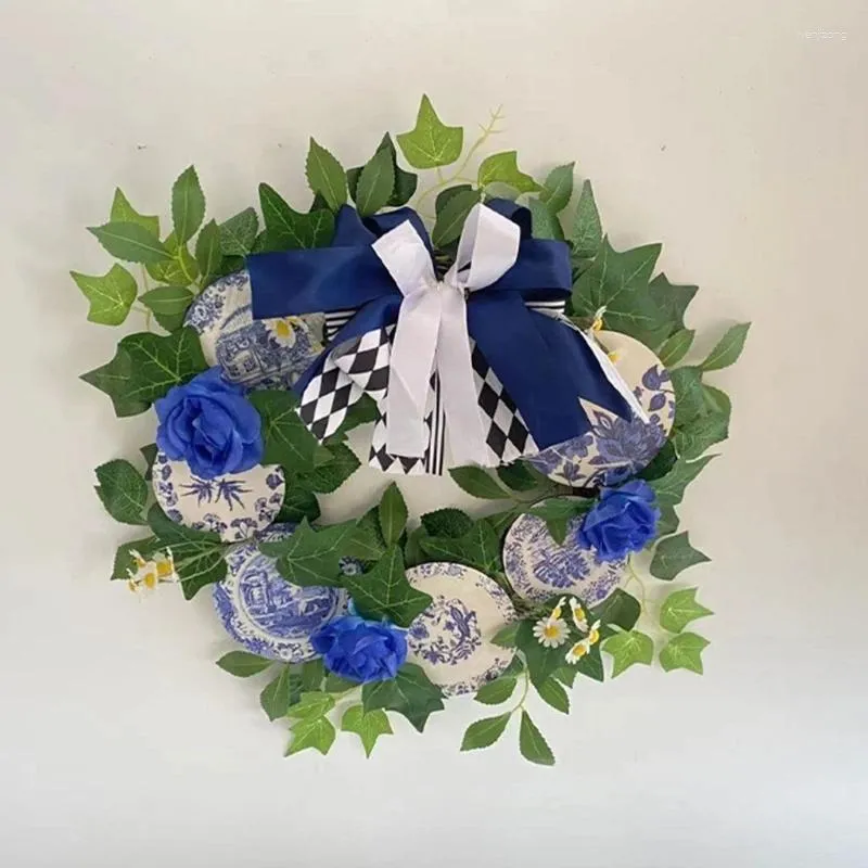 Decorative Flowers Spring Wreath For Front Door Artificial Summer Blue And White Porcelain Garlands Wreaths Doorway Or Wall Hangings