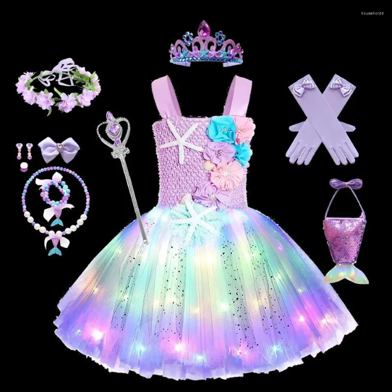 Vestidos de menina pricness meninas sereia tutu com luzes led tema do mar festa estrela do mar ariel cosplay trajes vestido de baile roxo