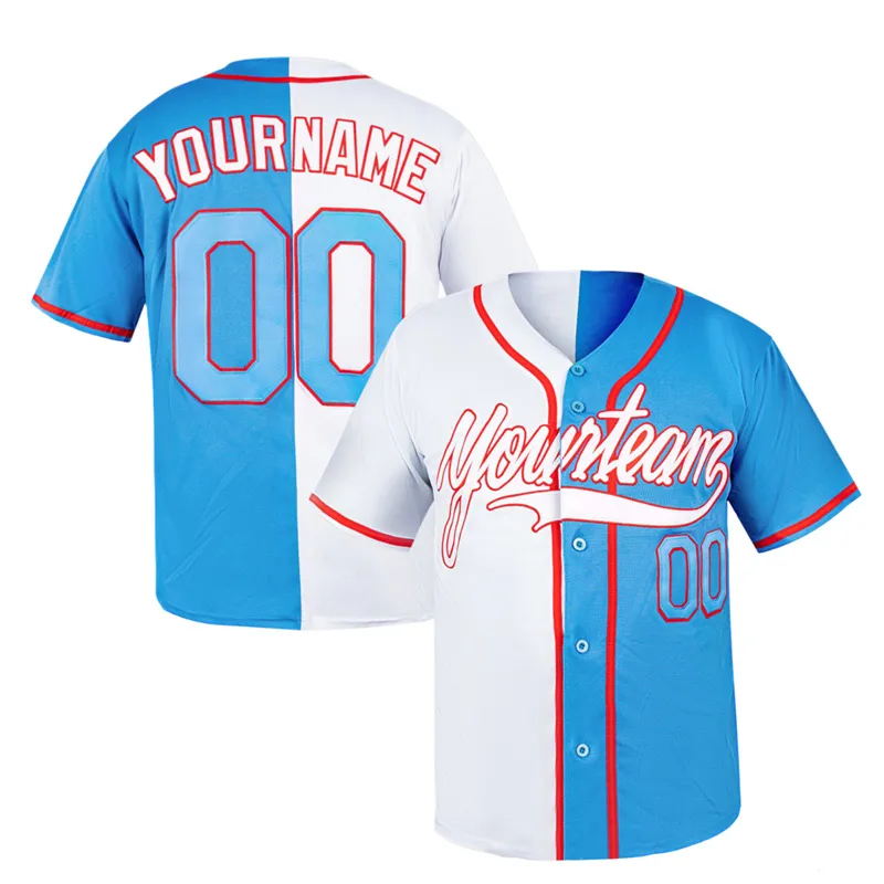 Anpassad blåvit delad mode autentisk baseball tröja grossist detaljhandelssömda tryck män kvinnor ungdomar är ditt team ditt namn