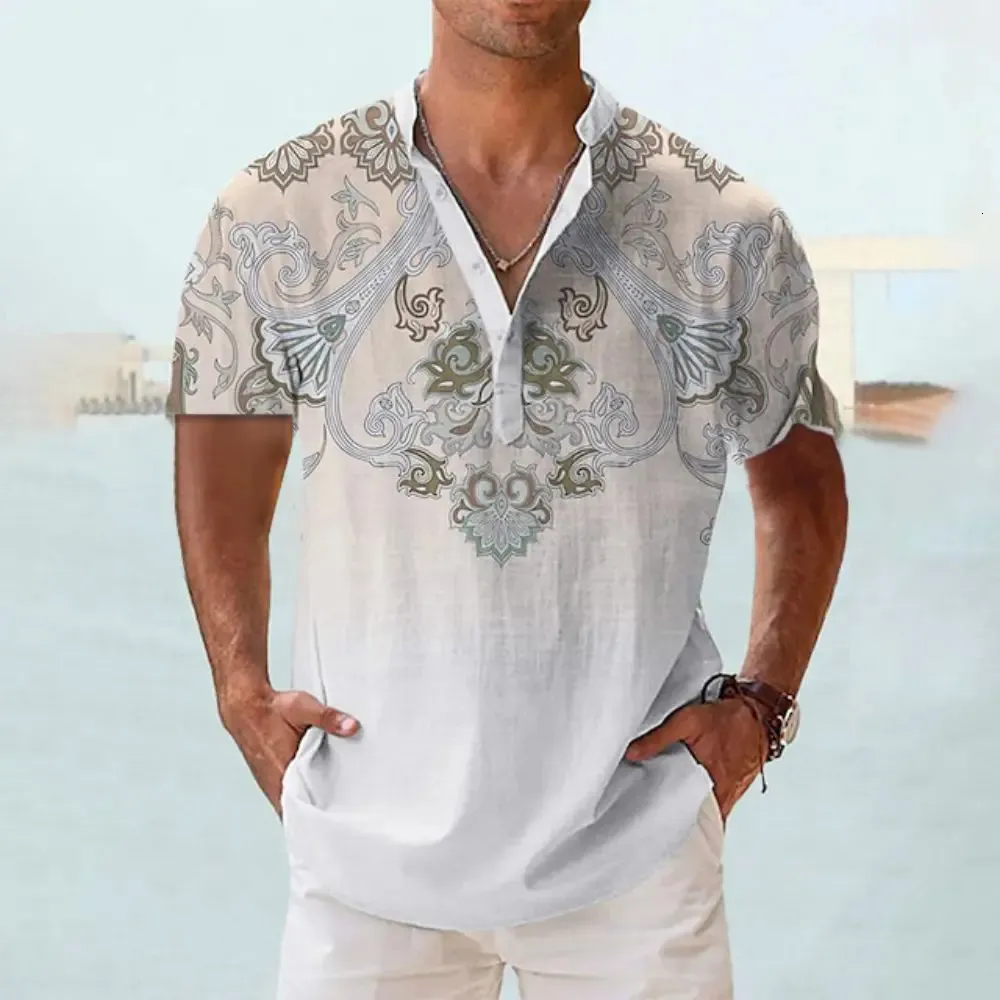 Роскошные гавайские рубашки для мужчин. Летняя одежда с V-образным вырезом. Негабаритные топы с короткими рукавами. Модельер одежды для мужчин Henley 240223.