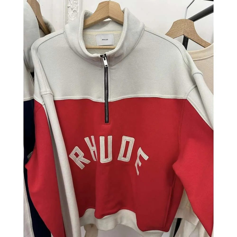 rhude hoodie designer hoodies women's sportswear Half Zip Embroidered Standing Neck Sweater Retro Pullover Capsule fleece jacket Hip hop splicing coat Z6HS