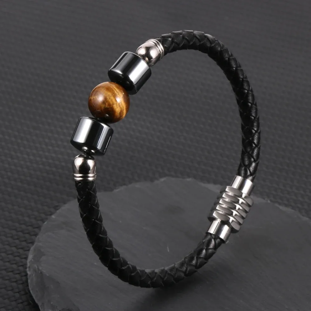 19 Stile Herren-Armband, natürlicher Edelstein, Tigerauge, Hämatit-Perlen-Charm, echtes Lederarmband, Armreif 240220