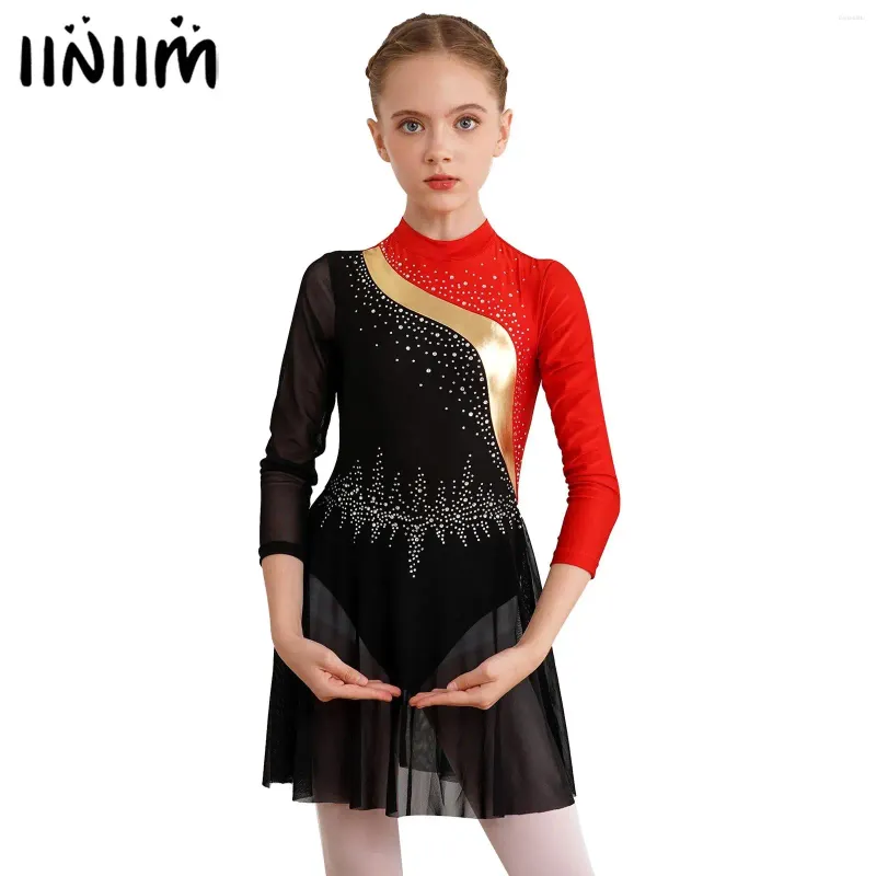 Scene Wear Kids Girls Rhythmic Gymnastics Dress for Figur Skating Glittery Rhinestones Sheer Mesh långärmad Ballet Lyrical Dance