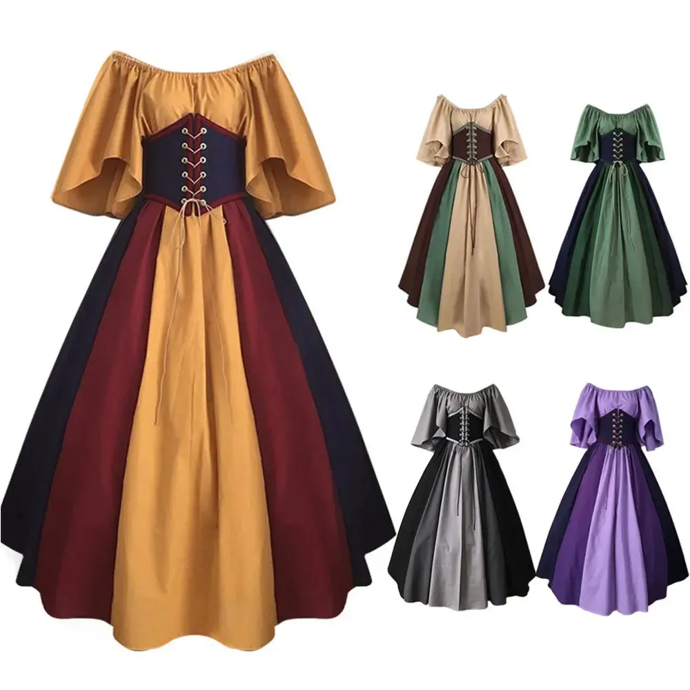 Medieval Women Dress Vintage Flying Sleeve Patchwork Evening Dress Carnival Party Cosplay Clothing Lady Corset Dress 240220