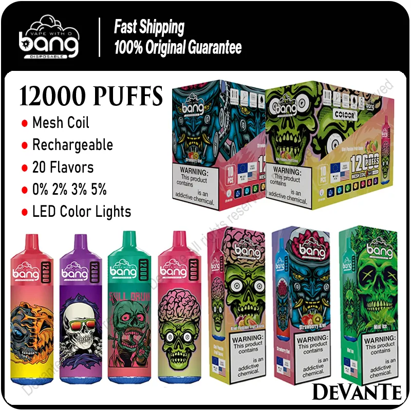 Bang 12000 Puffs eタバコのオリジナル12K使い捨てベイプバーキットメッシュコイル充電式LEDカラーライト0％2％3％5％20フレーバー