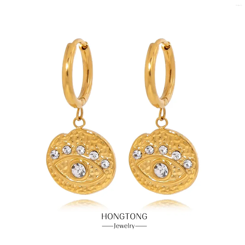 Dangle Earrings Hongtong Retro Personality Eyes of Wisdom Exquisite Memale Stainless Steel InlaidZircon Embossed Coin