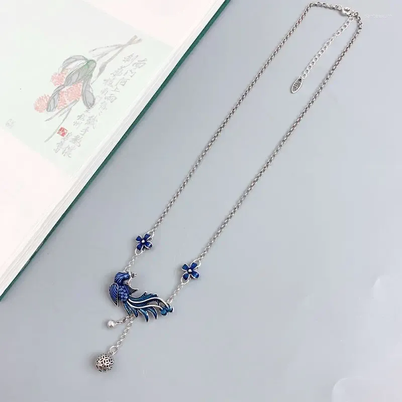 Hängen 925 Silver ClaVicle Chain Blue Emamel Phoenix Tassel Necklace For Women Vintage Style Exquisite Pendant Banket smycken