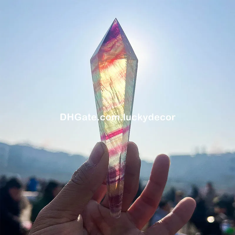 Baguette de fluorite arc-en-ciel à facettes, cadeaux d'anniversaire spirituels, beaux cristaux de guérison polis, pointe de sceptre de quartz pour la méditation, Reiki, décoration d'intérieur de sorcière