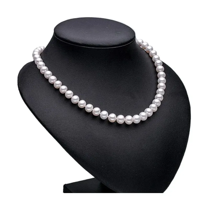 Collier de perles blanches presque rondes, 8-9mm, bijoux en perles d'eau douce naturelles pour femmes, cadeau de fiançailles classique, 240220