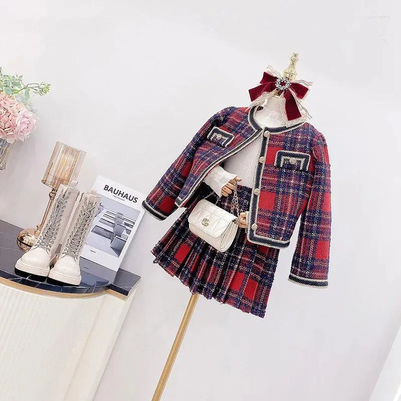 Conjuntos de roupas 2024 coreano primavera outono crianças meninas 2pcs xadrez plissado saias terno borda gola redonda ponto aberto casaco menina outfit