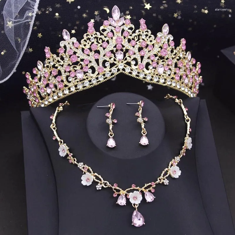 Hårklipp Royal Queen Bridal Crown Set Pink Rhinestone Crystal Wedding Dress Jewelry Party Tiaras Flower Accessories